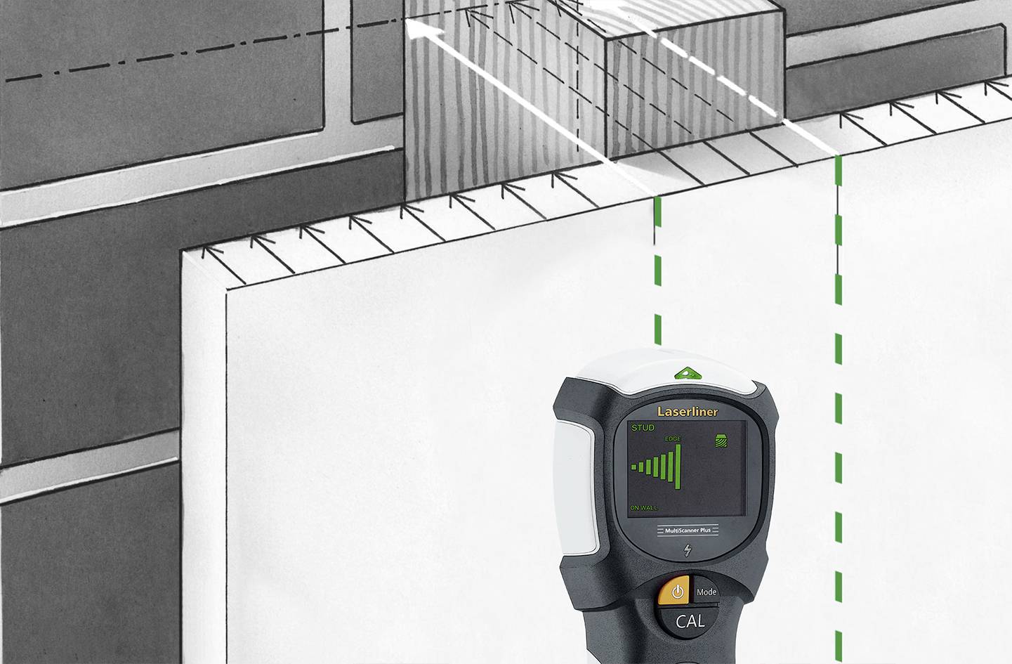 Un télémètre laser mesure la distance jusqu'à un mur avec des lignes vertes indiquant la portée de mesure. L'arrière-plan montre un dessin technique.
