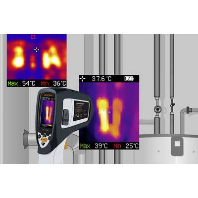 Un thermomètre infrarouge affiche une image thermique de tuyaux avec des indications de température : Max 54°C, Min 25°C. L'écran affiche 37,6°C.