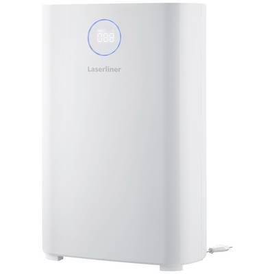 Purificateur d'air de couleur blanche avec un affichage numérique en haut indiquant 'PM 2.5', de la marque Laserliner. Câble secteur de type arabe situé en bas à droite.