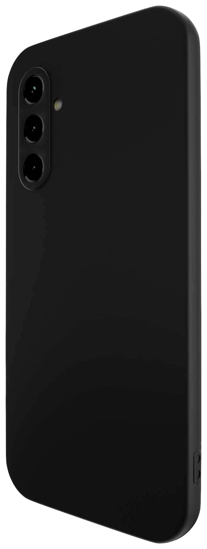 Smartphone noir avec trois objectifs de caméra à l'arrière, montré légèrement de côté. Aucune marque ou inscription visible.