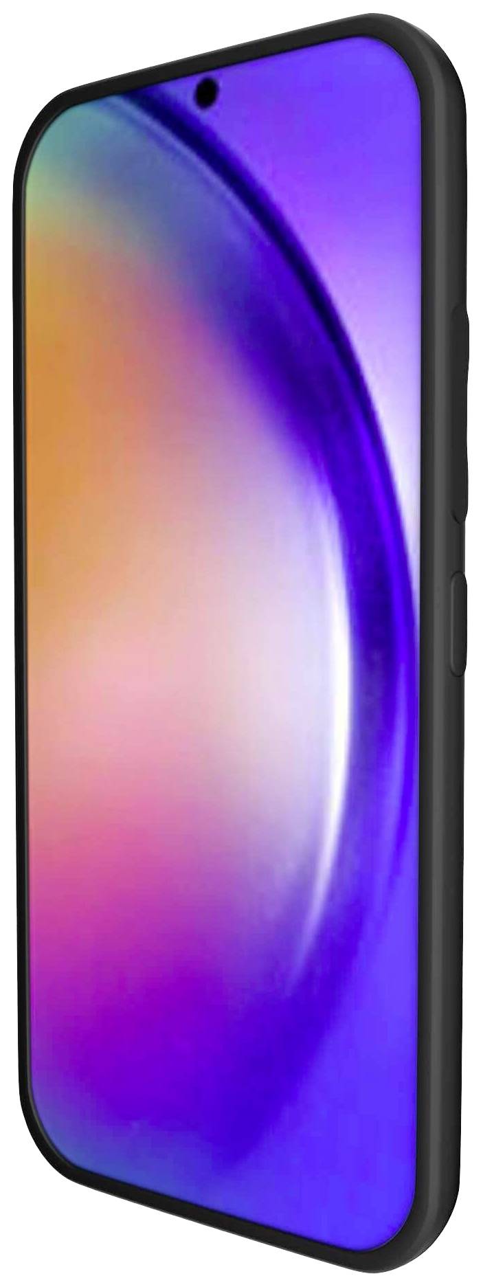 Smartphone avec un cadre noir en orientation portrait. L'écran affiche un dégradé de couleurs allant de l'orange au violet, jusqu'au bleu.