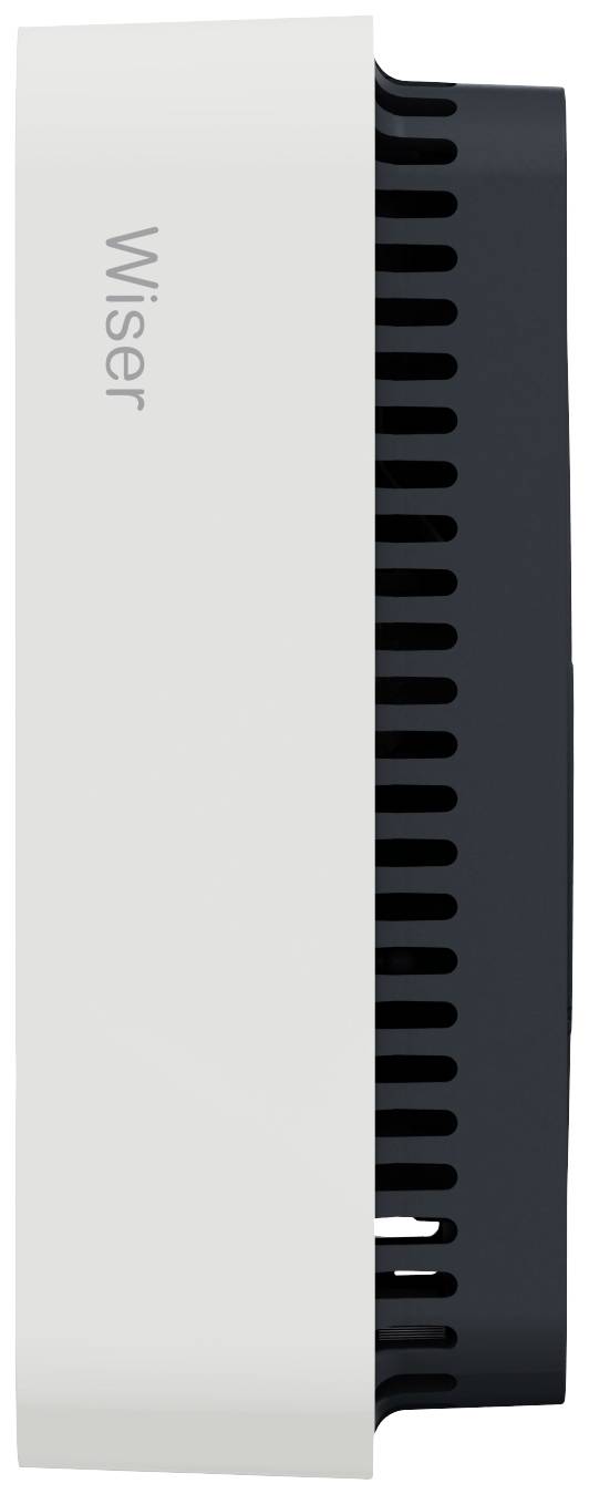 Vue latérale d'un appareil compact et rectangulaire portant l'inscription 'Wiser'. Il présente un design moderne avec des fentes d'aération noires.