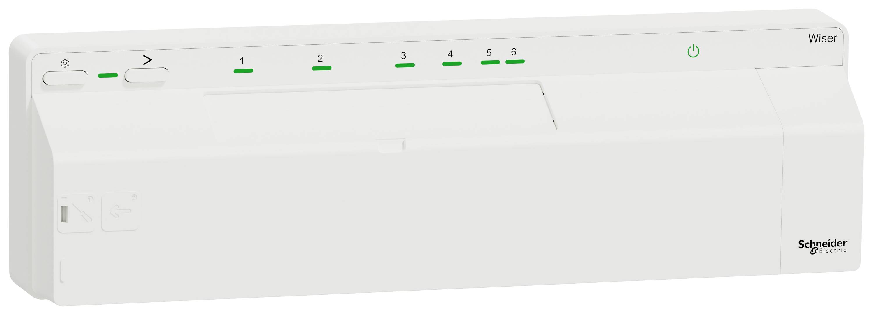 Un appareil blanc rectangulaire de Schneider Electric avec plusieurs voyants LED verts et des touches.