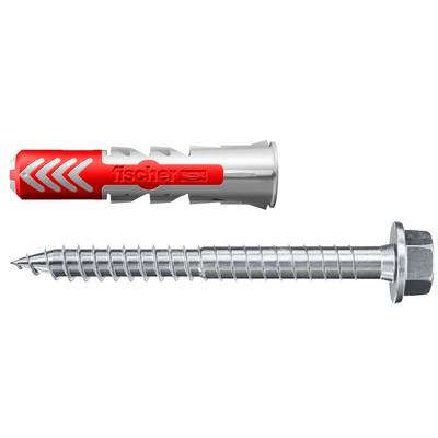 Illustration d'une cheville murale en plastique rouge et gris au-dessus d'une vis à tête hexagonale en acier, montrant les deux éléments de fixation assortis utilisés ensemble pour le montage.