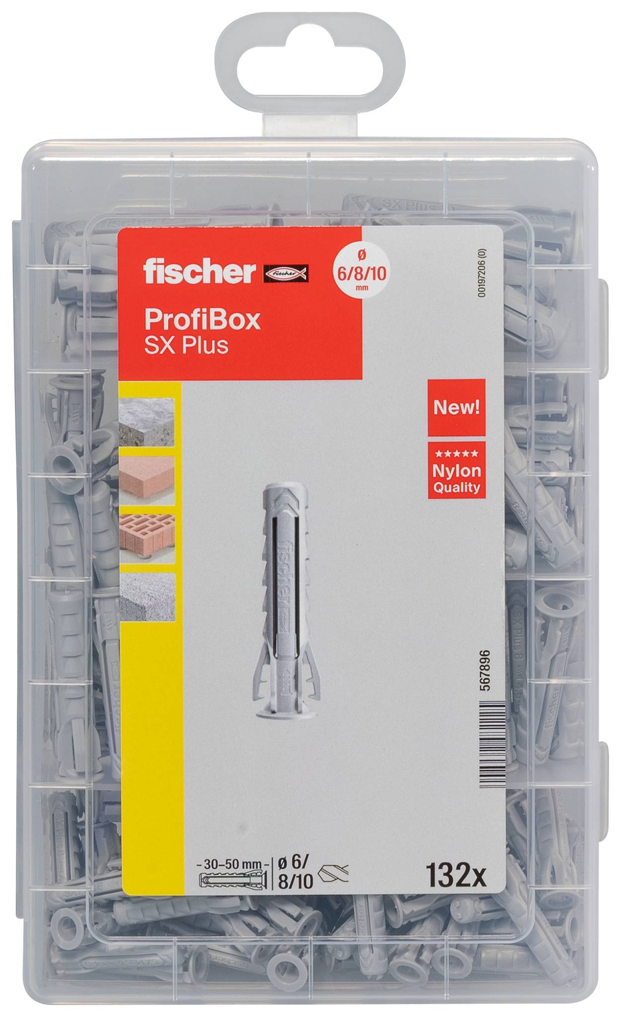 Chevilles en plastique blanc avec le logo Fischer et le symbole de poisson. Elles présentent une structure dentelée pour une meilleure adhérence dans les murs.