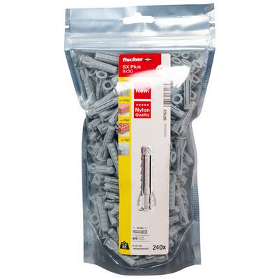 Sac refermable transparent contenant des chevilles murales nylon Fischer SX Plus, taille 6x30, 240 pièces, présenté avec l'étiquette du produit sur la face avant.