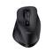 Une souris d'ordinateur noire, sans fil, avec une molette de défilement et portant l'inscription 'Trust'.