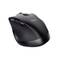 Une souris d'ordinateur sans fil noire au design ergonomique avec deux boutons latéraux.