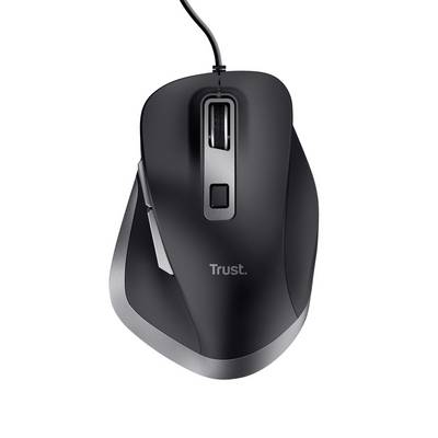 Souris d'ordinateur noire filaire, design ergonomique, avec deux boutons principaux et une molette de défilement centrale.