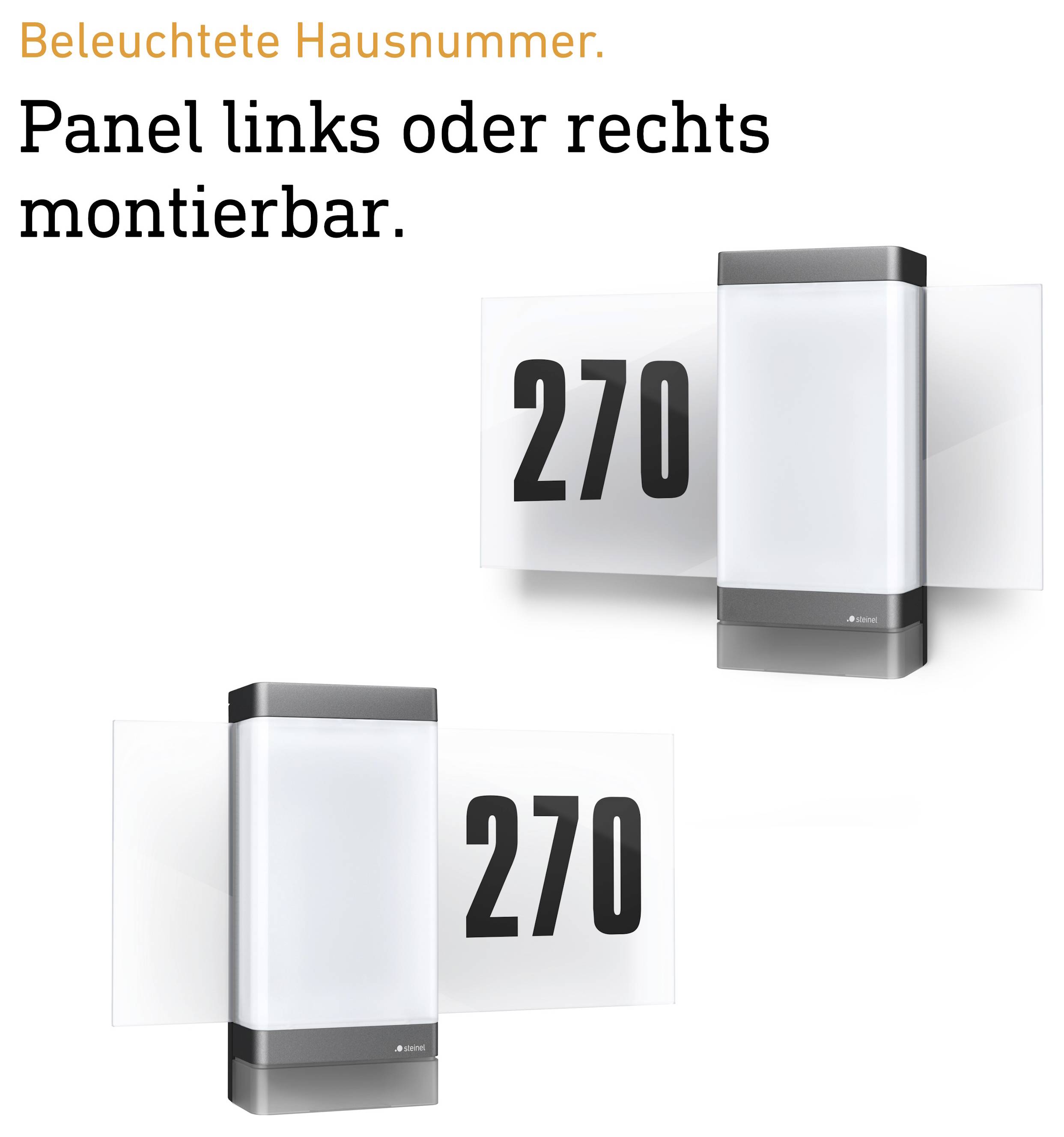 Numéro de maison illuminé 270 avec panneau, montable à gauche ou à droite.