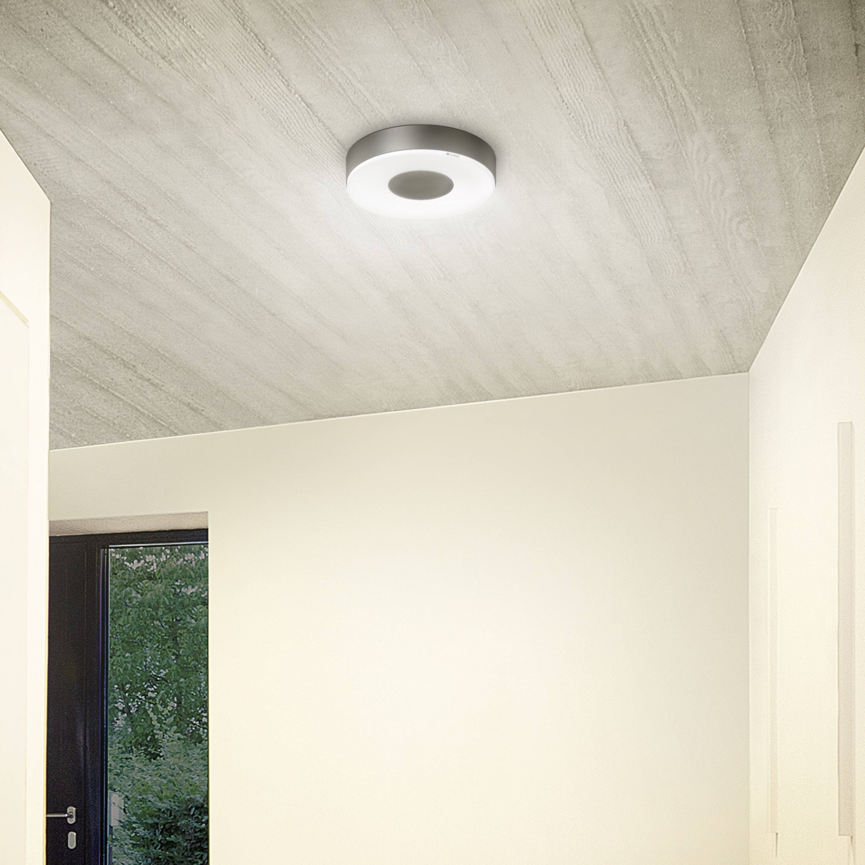 Lampe de plafond moderne diffuse une lumière chaleureuse dans un espace minimaliste, donnant sur une grande porte vitrée qui offre une vue sur la verdure.