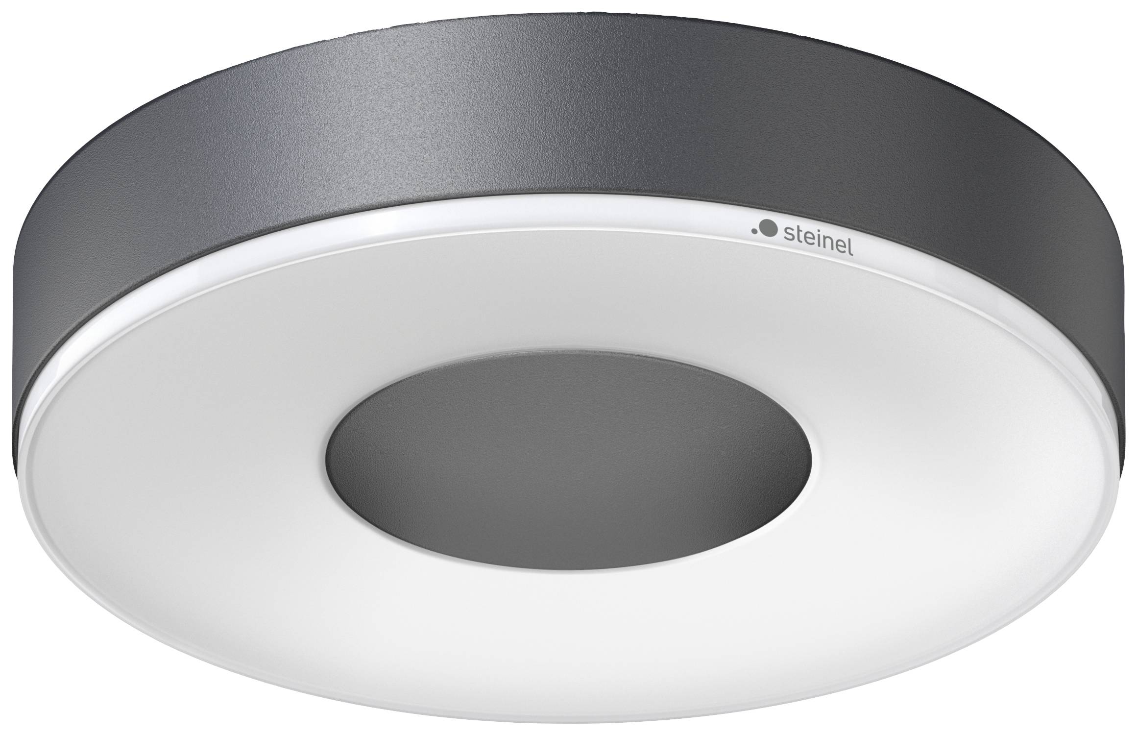 Plafonnier au design rond et moderne en gris et blanc, avec un cercle central sombre.