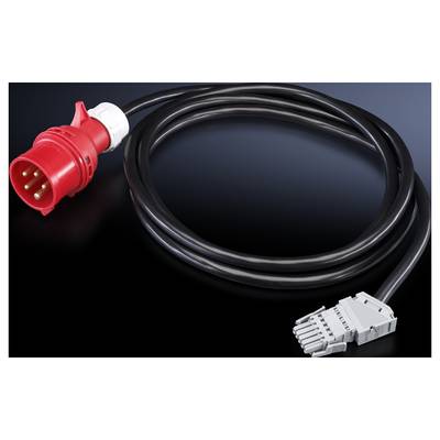 Un câble électrique noir avec un connecteur rouge sur le côté gauche et une fiche grise sur le côté droit.