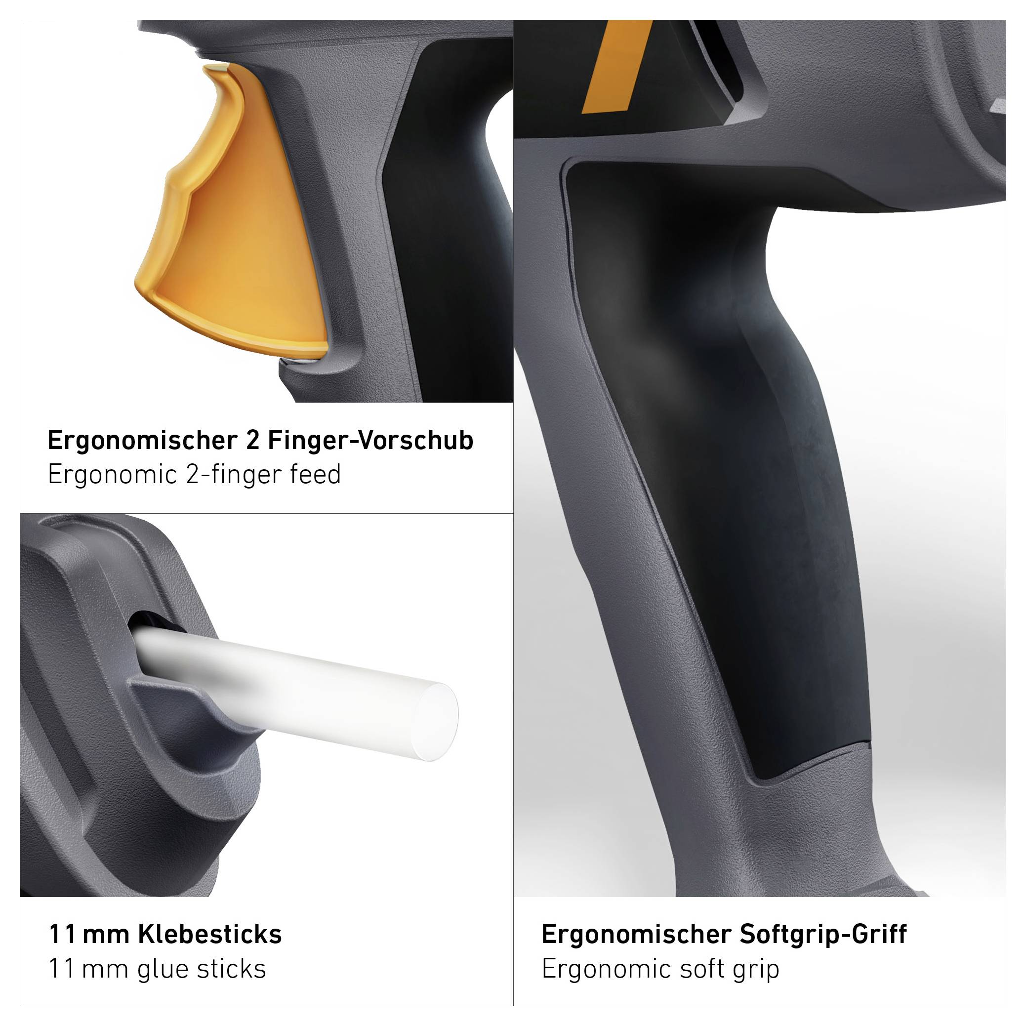 Graphique avec vues détaillées d'une poignée de pistolet à colle thermofusible : avance à 2 doigts ergonomique, bâtons de colle de 11 mm et poignée à grip souple.
