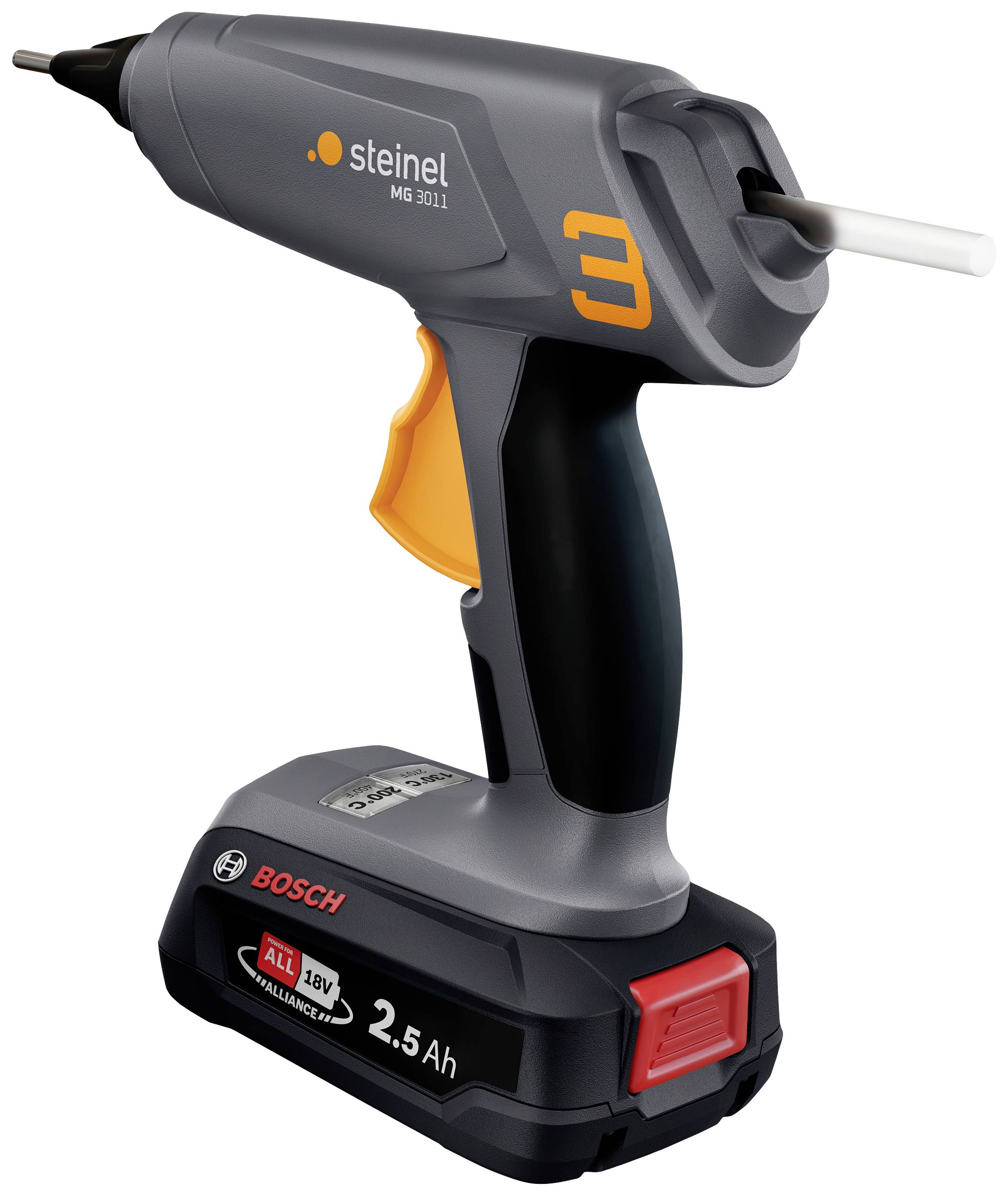 Pistolet à colle sans fil avec poignée ergonomique et batterie Bosch 18V. Logo de marque sur l'appareil, modèle 'Steinel NEO3'.