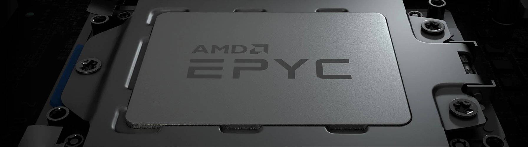 Gros plan d'un processeur AMD EPYC sur une carte mère, entouré d'éléments métalliques montrant le support du processeur.
