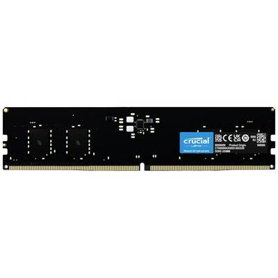 Barrette de RAM noire avec le logo Crucial en bleu sur une étiquette, DDR4 16 Go. Des puces mémoire sont disposées à gauche et à droite.