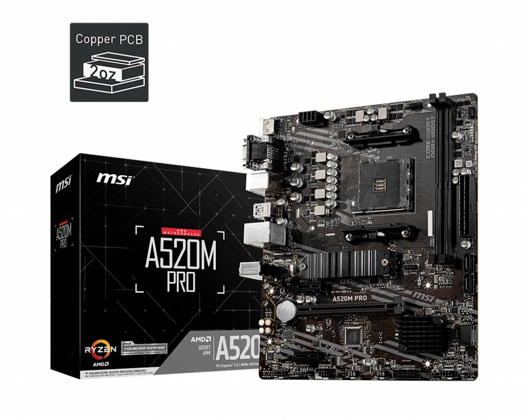 Carte mère MSI A520M PRO, présentée avec son emballage. Compatible avec les processeurs AMD Ryzen. Emplacements PCIe et différentes connexions visibles.