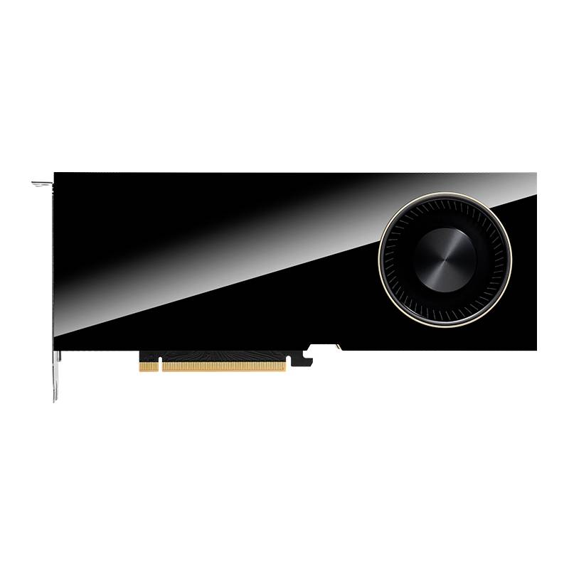 Carte graphique noire rectangulaire avec un ventilateur sur le côté droit et un connecteur PCIe doré en bas à gauche.