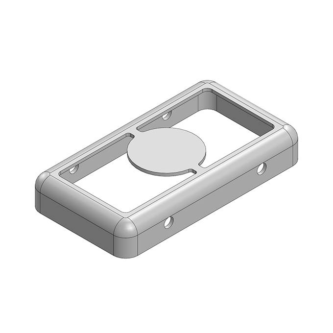 Une pièce métallique rectangulaire avec des bords arrondis et une découpe circulaire au centre.