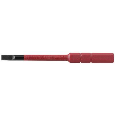 Un embout de tournevis rouge, isolé, à pointe plate. Adapté pour les travaux sur des installations électriques jusqu'à 1000 volts.