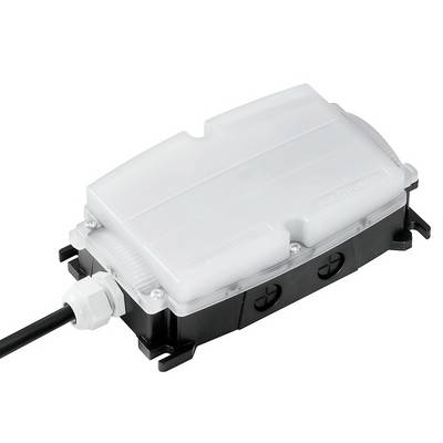 Appareil électronique avec boîtier transparent, connexion de câble sur le côté gauche, adapté pour les connexions électriques.