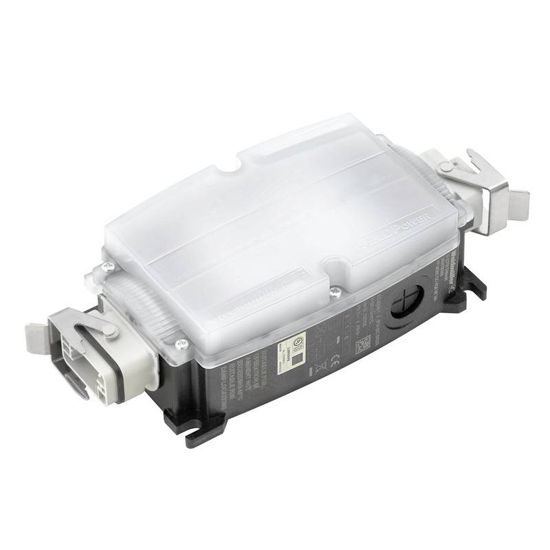 Un appareil électronique rectangulaire avec un couvercle transparent et des connexions à chaque extrémité, sur un fond blanc.