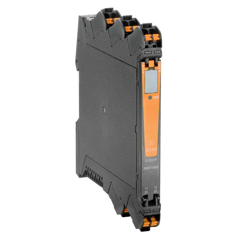 Module électronique en noir et orange avec indicateur PWR sur le côté droit ; adapté pour le contrôle ou la régulation dans des installations techniques.