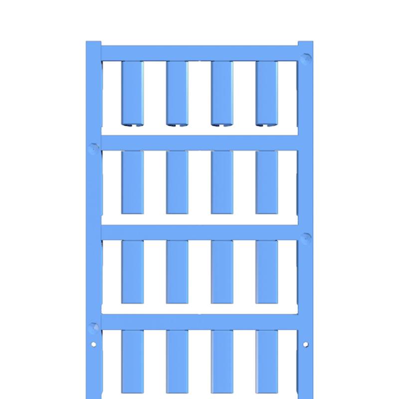Une étagère en plastique bleu avec plusieurs tablettes présentant des fentes verticales, sur un fond blanc.