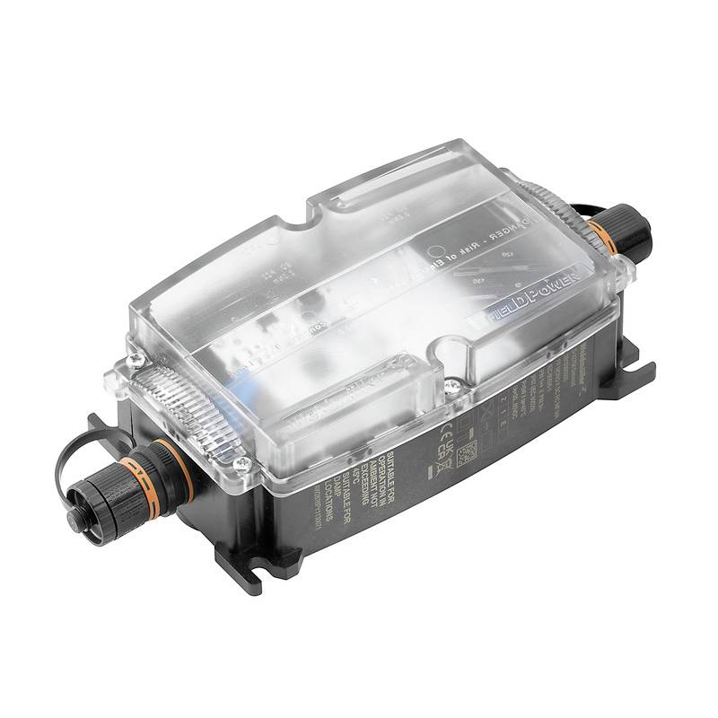 Un boîtier de distribution électrique étanche avec un boîtier transparent et des connexions de câbles des deux côtés.