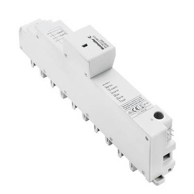 Un disjoncteur électrique gris clair avec plusieurs bornes de connexion. Le texte présente des spécifications techniques et des schémas de câblage.