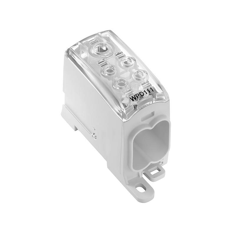 Un connecteur électrique transparent avec six bornes à vis et un support inférieur, marqué 'WPP0111'.