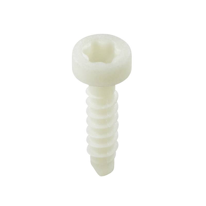 Vis en plastique blanc avec une tête à six pointes sur un fond blanc.