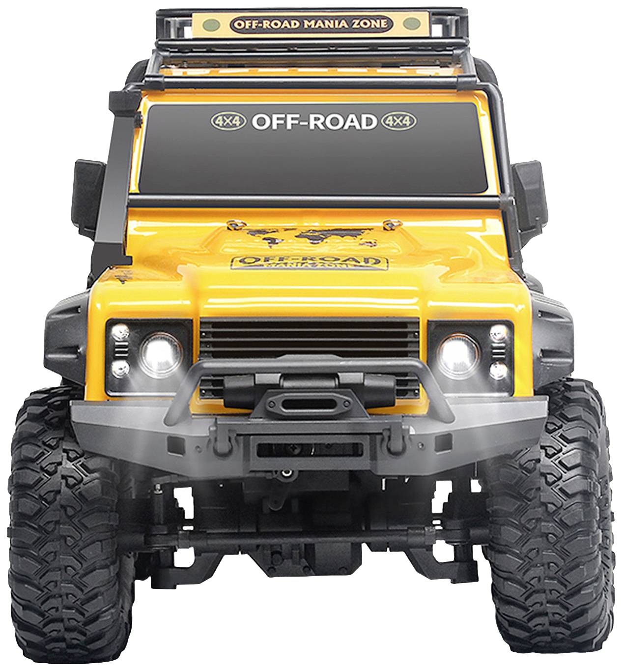 Véhicule tout-terrain jaune avec l'inscription 'OFF-ROAD' sur le pare-brise. Pneus robustes, design solide.