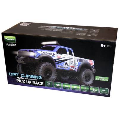 Emballage d'un tout-terrain télécommandé bleu portant l'inscription 'Dirt Climbing 4x4'. Adapté aux enfants à partir de 8 ans, vitesse de 15 km/h.