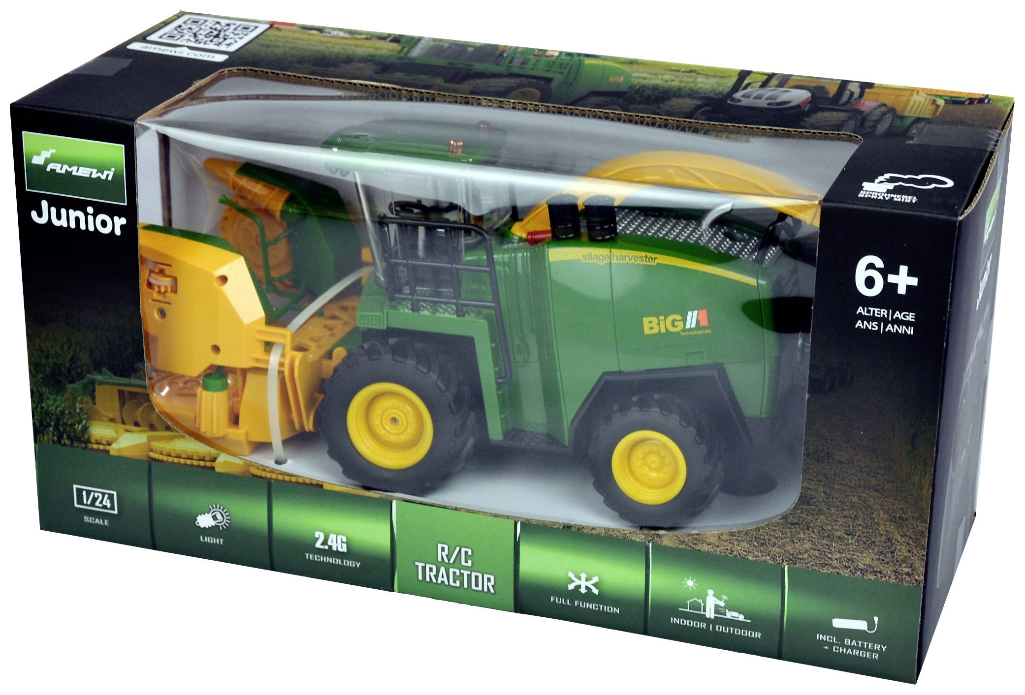 Emballage de jouet avec tracteur télécommandé. Convient aux enfants à partir de 6 ans. Contient une image de tracteur sur un fond vert.