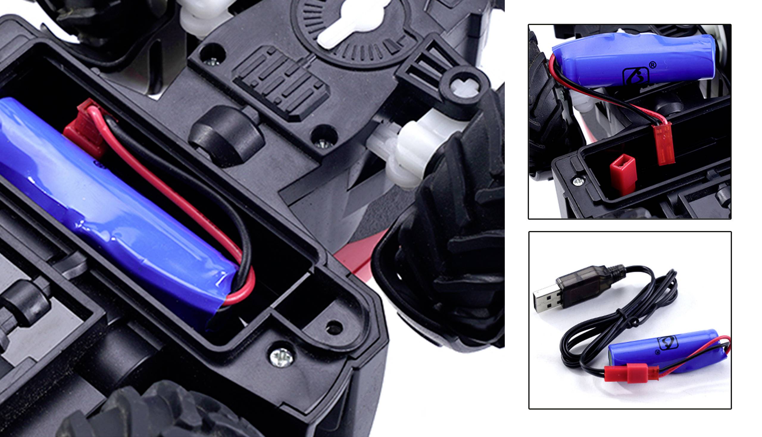 La batterie RC-Auto est installée dans le véhicule. Des images détaillées montrent le chargeur et la fiche de connexion.