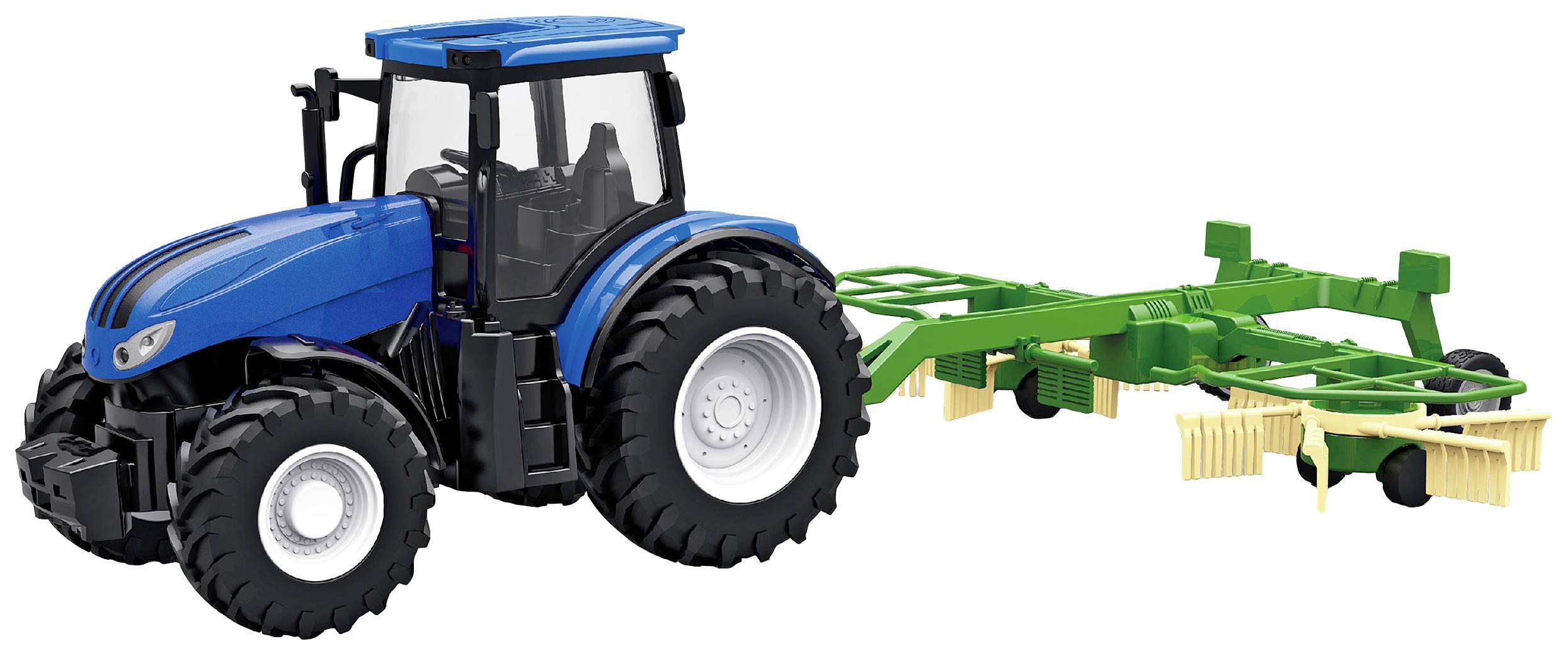 Tracteur bleu avec un équipement agricole vert doté de roues plus grandes. Le tracteur est adapté aux travaux agricoles.