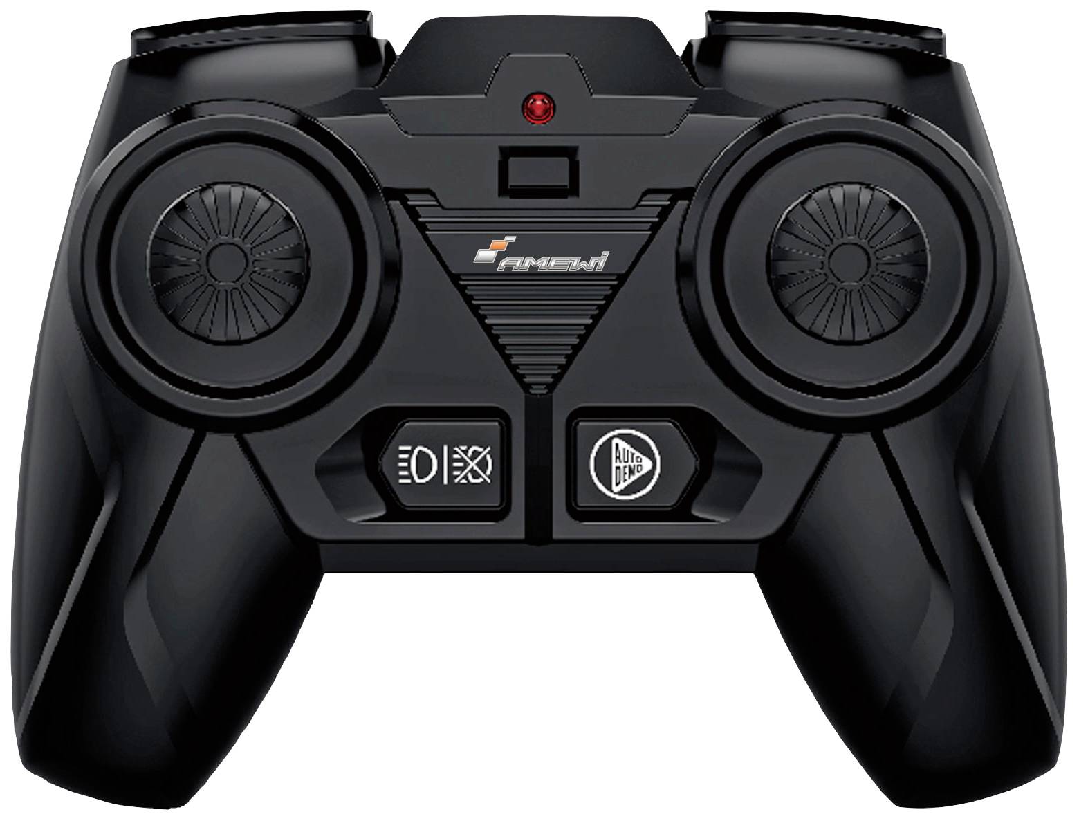 Contrôleur noir avec deux joysticks, touches au centre. Adapté pour la commande de drones ou de véhicules télécommandés.