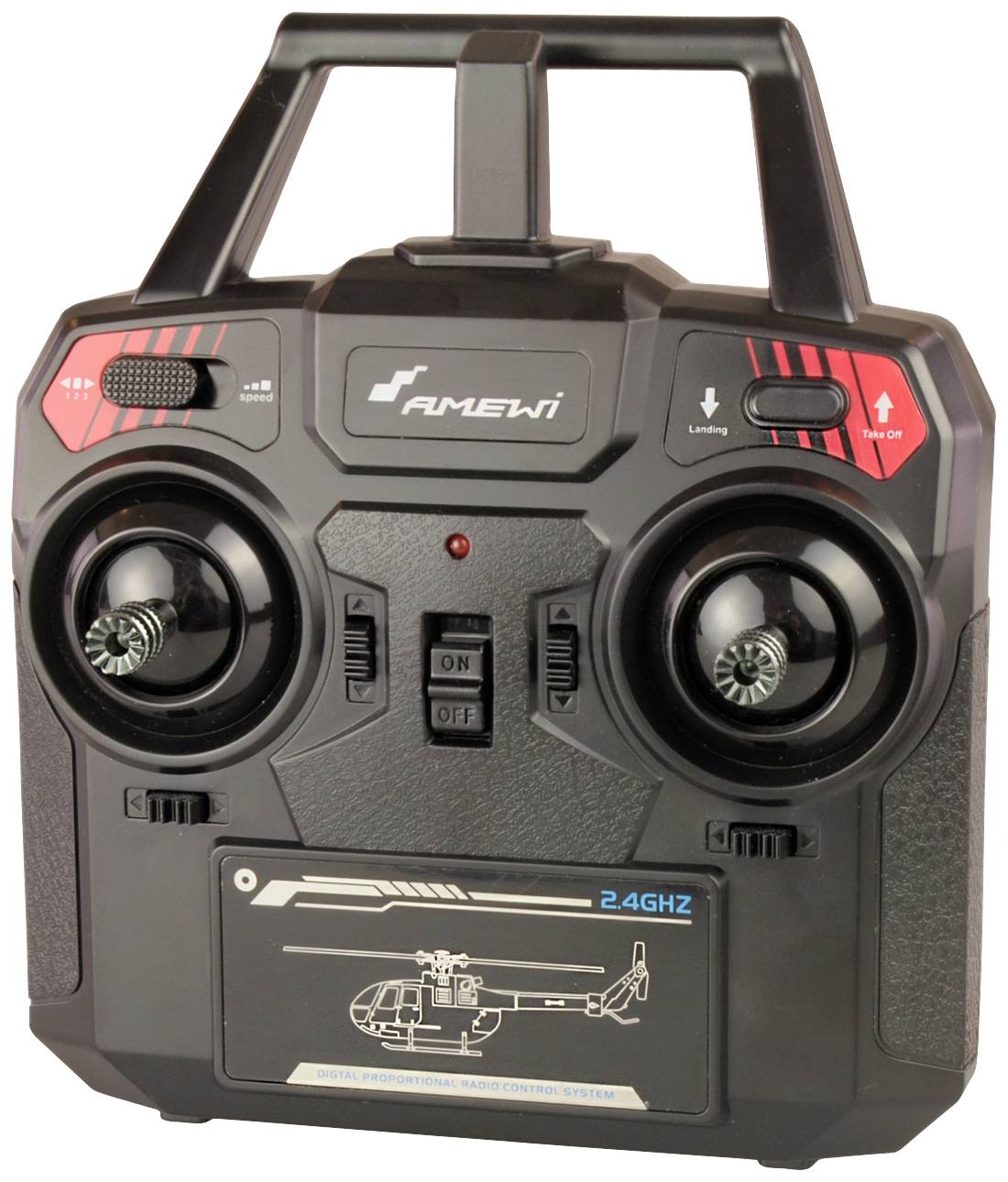 Un contrôleur de télécommande noir avec deux joysticks, des interrupteurs et un logo d'hélicoptère. En haut est inscrit 'Amewi'.