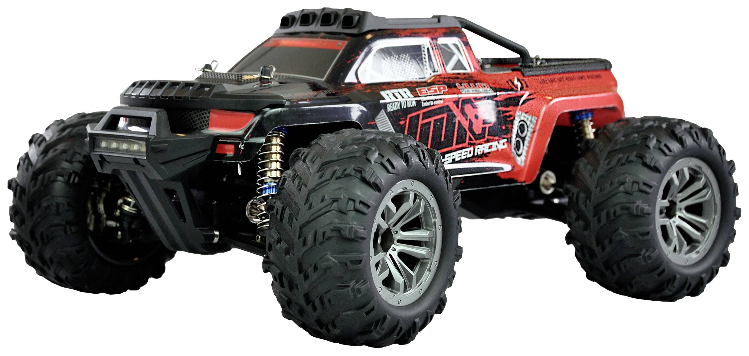 Une voiture télécommandée de style tout-terrain avec de grandes roues et un design sportif rouge et noir.