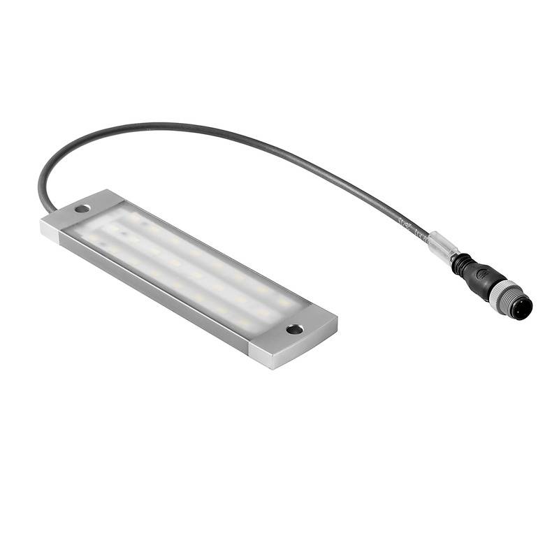 Un luminaire LED rectangulaire avec câble de raccordement. Adapté aux applications industrielles, boîtier argenté.