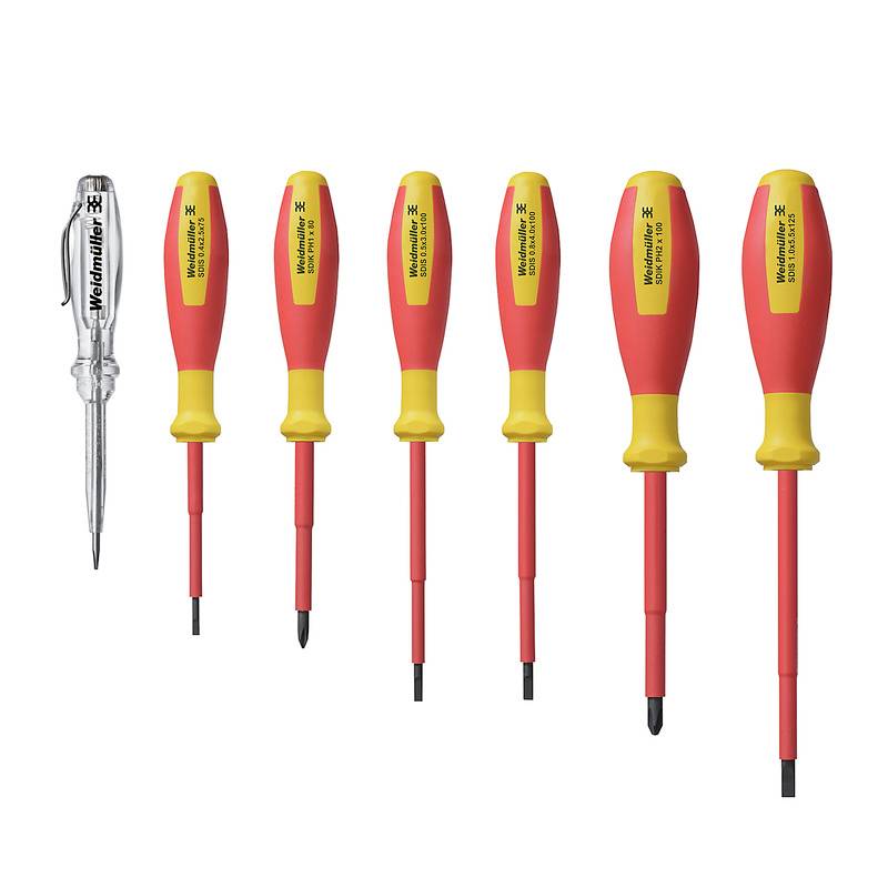 Ensemble de huit tournevis isolés de différentes tailles, comprenant un testeur de tension ; adapté aux travaux électriques.