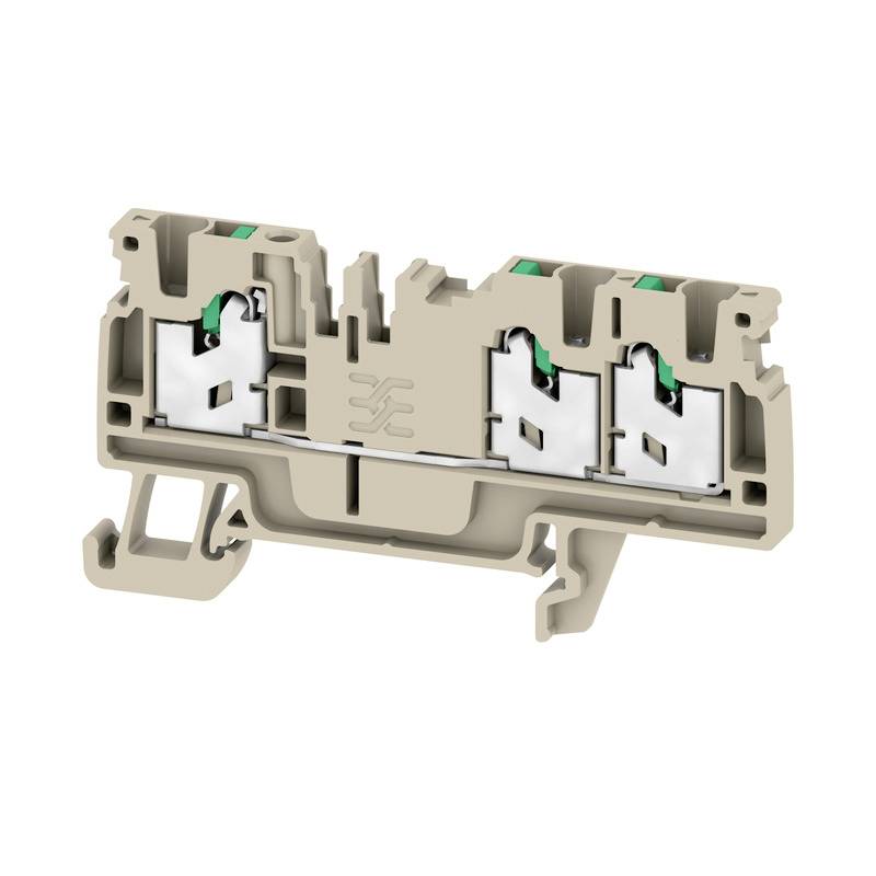 Un bloc de bornes électrique à deux étages en beige clair, adapté pour la fixation sur des rails DIN dans les tableaux de commande.