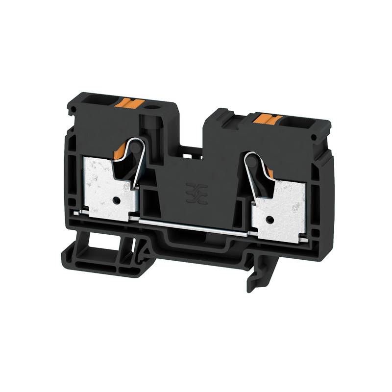 Un bloc de connexion électrique noir rectangulaire avec des accents orange et des contacts métalliques, destiné à relier des câbles.