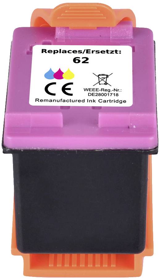 Une cartouche d'encre remplaçant le modèle '62'. L'emballage est rose-orange. Le marquage CE et le numéro WEEE DE28007178 sont visibles.