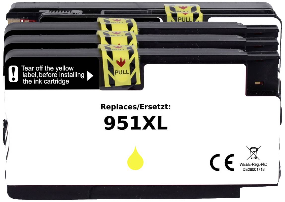 'Lot de quatre cartouches d'encre noires de taille 951XL. L'autocollant indique : Retirer l'autocollant jaune avant l'insertion.'