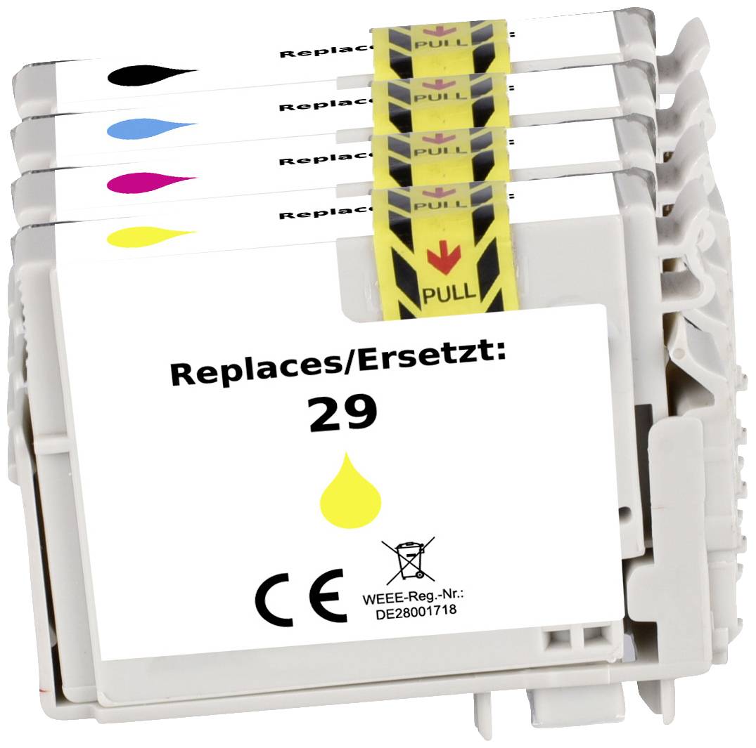 Six cartouches d'imprimante de différentes couleurs avec des marquages jaunes, compatibles avec le modèle 29, marquées CE.