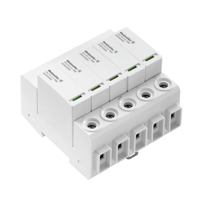 Un dispositif de protection contre les surtensions blanc avec plusieurs voyants LED verts et des bornes de connexion, destiné à être utilisé dans les systèmes de protection électrique.