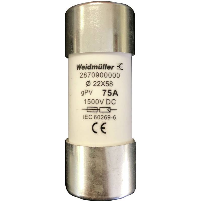 'Weidmüller fusible 75A, modèle 2870900000, Ø 22x58, 1500V DC, certification CE, IEC 60269-6. Forme cylindrique blanche avec extrémités métalliques.'